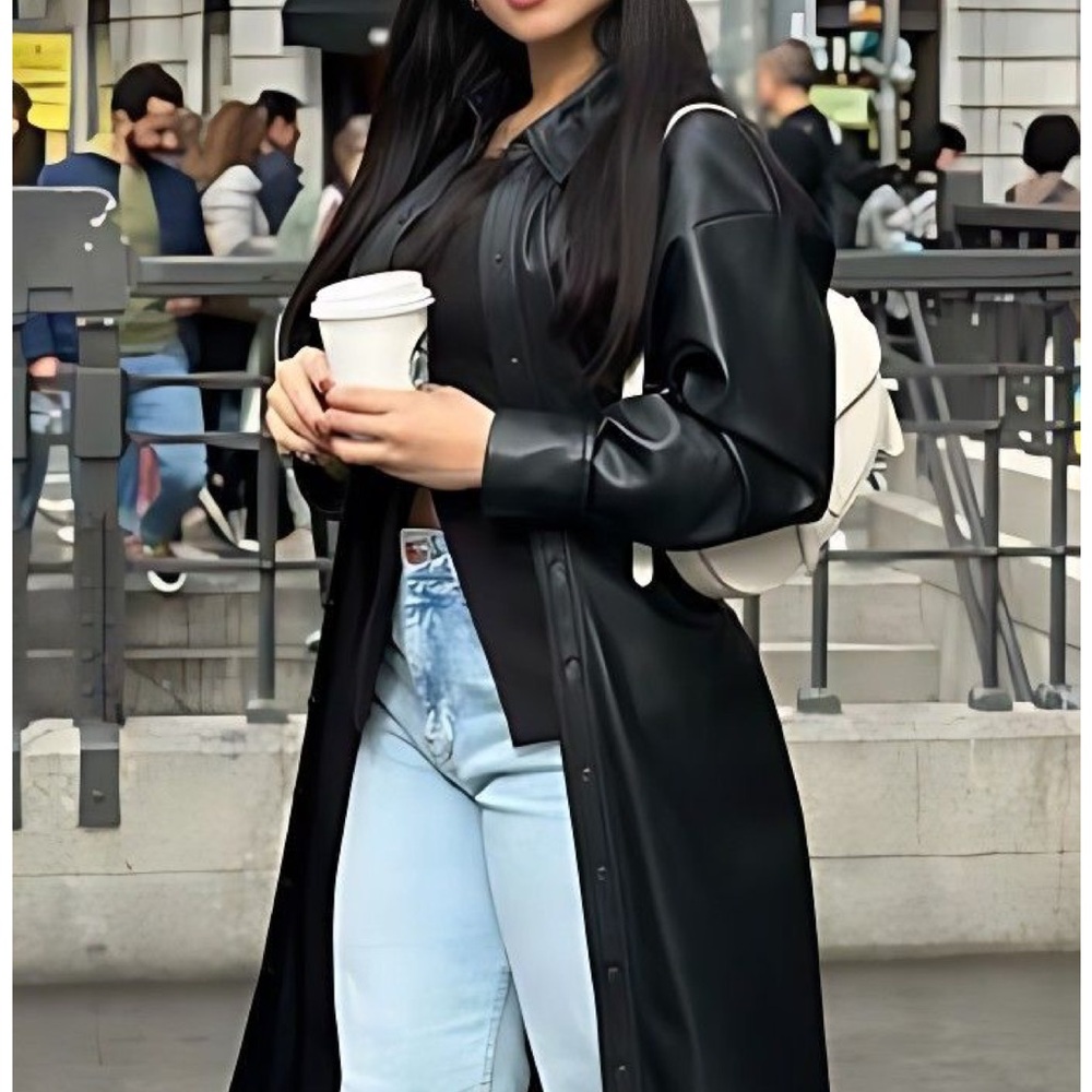 Black faux Leather long Women's Coat long cardigan motorcycle button closure